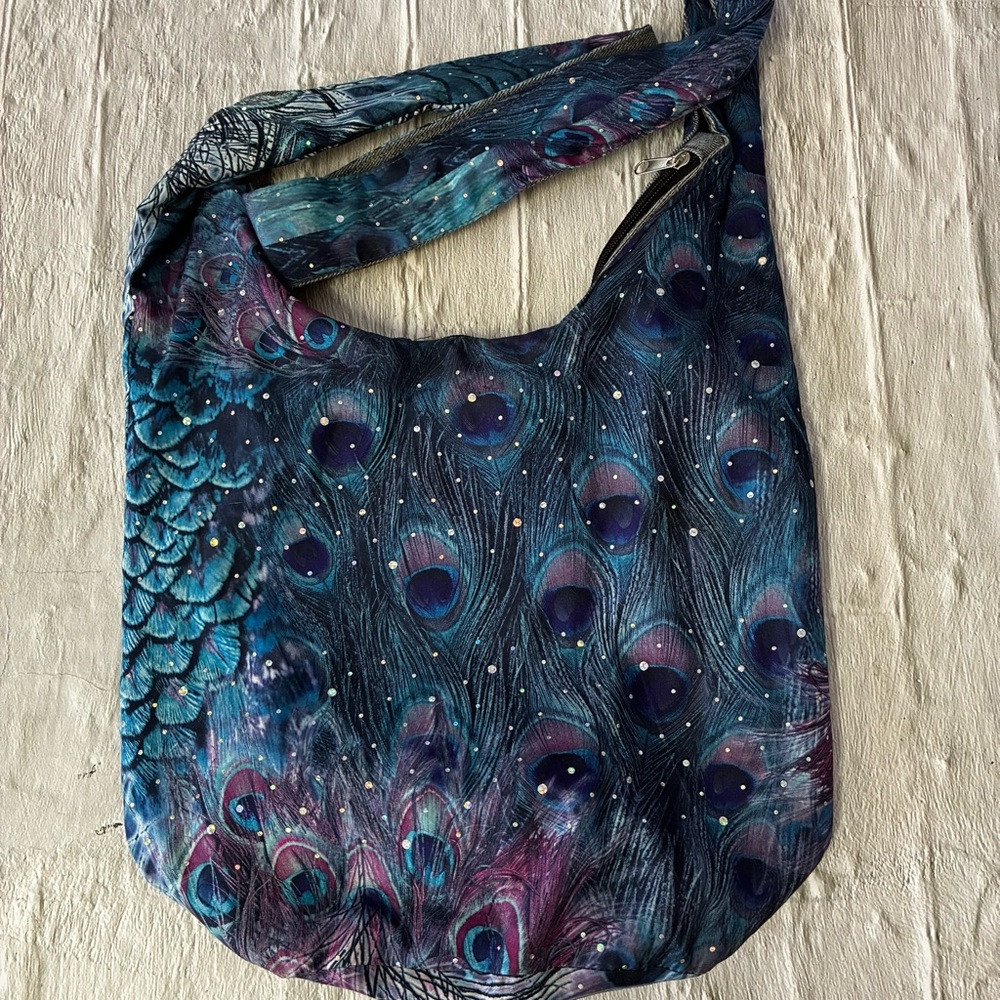 Hobo Style Shoulder Bag Vibrant Peacock Feather Print & AB Sequins & Small Bag